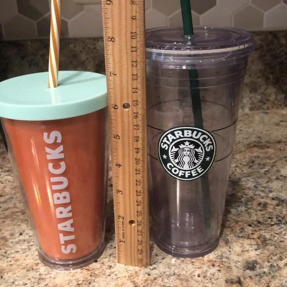 Lot of 2 STARBUCKS acrylic, tumblers w/lids & straws. 16oz Orange & 20oz clear - Picture 6 of 8